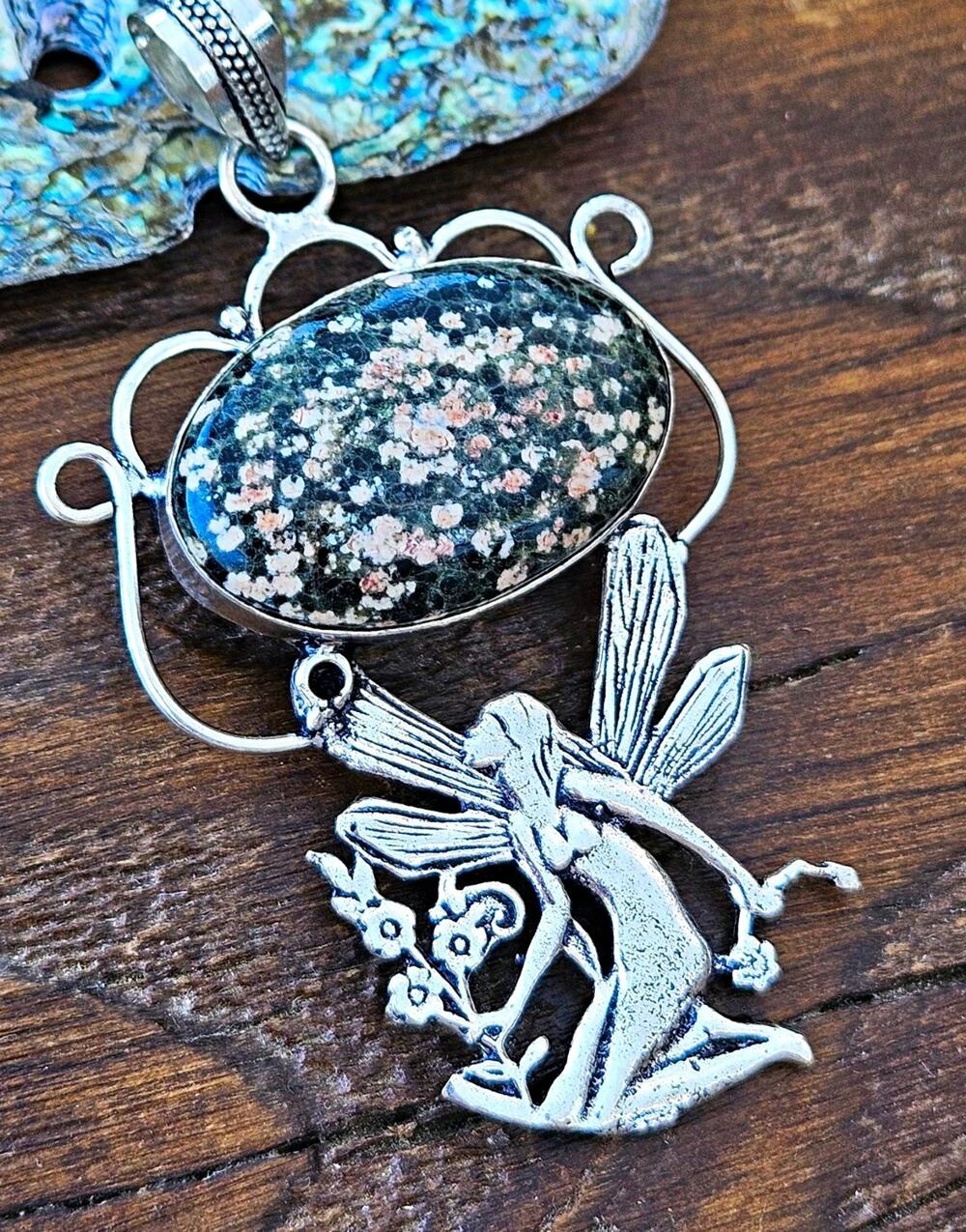 925 Sterling Silver Fairy Pendant Ocean Jasper Stone Whimsigoth Boho Large